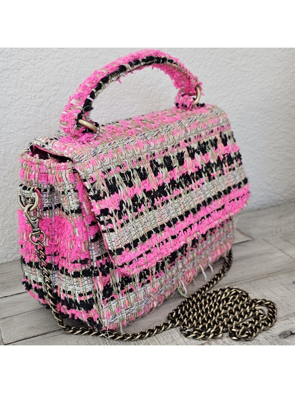 Anthropologie Women's Purse Cara Pink Green Plaid Clutch Tweed Preppy Handbag